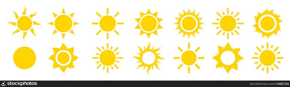 Sun sunshine set vector icons. Flat modern shining symbols collection. Shine sun ray logo or sing. Solar summer icon isolated. Vector illustration.. Sun sunshine set vector icons. Flat modern shining symbols collection.