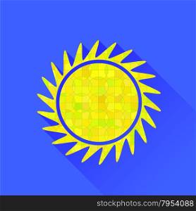Sun Symbol Isolated on Blue Background. Long Shadow. Sun Symbol