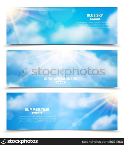 Sun through clouds sky banners set. Blue sky with sun rays trough clouds three horizontal summer time banners set abstract isolated vector illustration