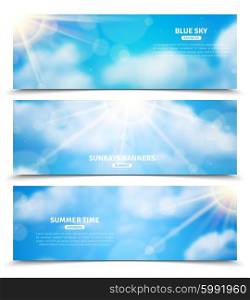 Sun through clouds sky banners set. Blue sky with sun rays trough clouds three horizontal summer time banners set abstract isolated vector illustration