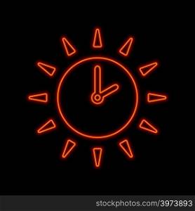 Sun with clock arrows neon sign. Bright glowing symbol on a black background. Neon style icon.