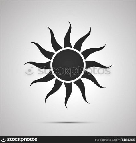 Sun with curved rays, simple black icon with shadow. Sun with curved rays, simple black icon with shadow on gray