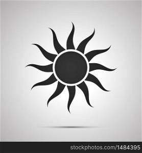 Sun with curved rays, simple black icon with shadow. Sun with curved rays, simple black icon with shadow on gray