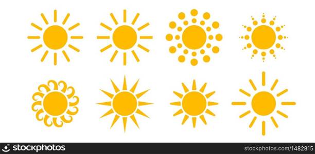 Sun yellow flat vector cartoon style set, simple shiny graphic collection illustration