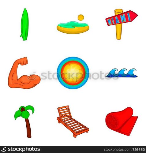 Sunbathe on the beach icons set. Cartoon set of 9 sunbathe on the beach vector icons for web isolated on white background. Sunbathe on the beach icons set, cartoon style