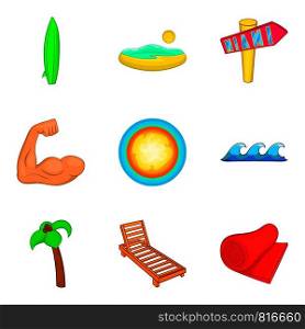 Sunbathe on the beach icons set. Cartoon set of 9 sunbathe on the beach vector icons for web isolated on white background. Sunbathe on the beach icons set, cartoon style