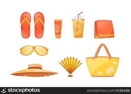 Sunbathing essentials flat color vector objects set. Summer relaxation. Travel equipment. Beach accessories. Seaside resort must haves 2D isolated cartoon illustration on white background. Sunbathing essentials flat color vector objects set