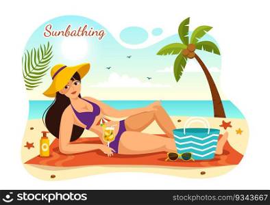 Sunbathing Vector Illustration of People Lying on Chaise Lounge and Relaxing on Beach Summer Holidays in Flat Cartoon Hand Drawn Templates