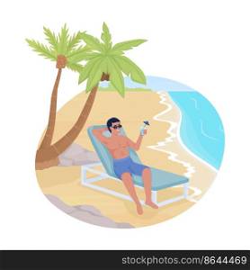 Sunbathing with cocktail in beach chair 2D vector isolated illustration. Tanned man with drink flat character on cartoon background. Colourful editable scene for mobile, website, presentation. Sunbathing with cocktail in beach chair 2D vector isolated illustration