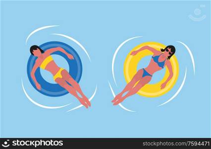 Sunbathing woman in bikini swimsuit swimming in inflatable round rings. Vector girl in yellow and blue bra and trunks relaxing on rubber safety toy. Summertime, Women Bikini Swimsuit, Inflatable Ring