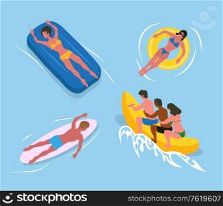 Sunbathing women on rubber circle or inflatable mattress, man lying on surfboard, people sitting on water banana, summer activity in ocean vector. Summer Activity, Sunbathing or Swimming vector