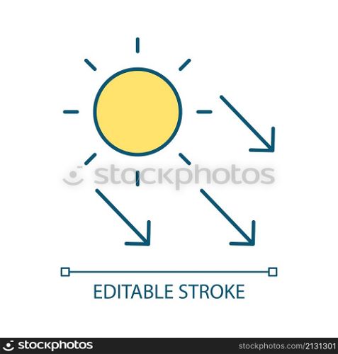 Sunbeams RGB color icon. Sunlight and radiance. Glowing and radiation. Alternative source of energy. Isolated vector illustration. Simple filled line drawing. Editable stroke. Arial font used. Sunbeams RGB color icon