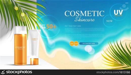 Sunblock ads template, sun protection cosmetic products design with moisturizer cream or liquid, sunshine and the beach background, vector design