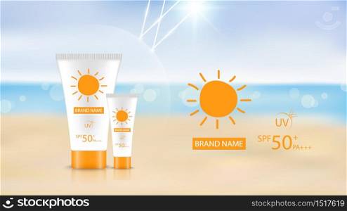 Sunblock product design mockup on beach background, cosmetic advertisement design, vector illustration