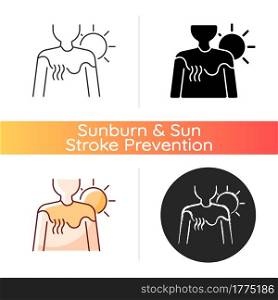 Sunburn icon. Person under sunlight exposure. Inflammation during summer from heatstroke. Irritation on skin from sun burn. Linear black and RGB color styles. Isolated vector illustrations. Sunburn icon
