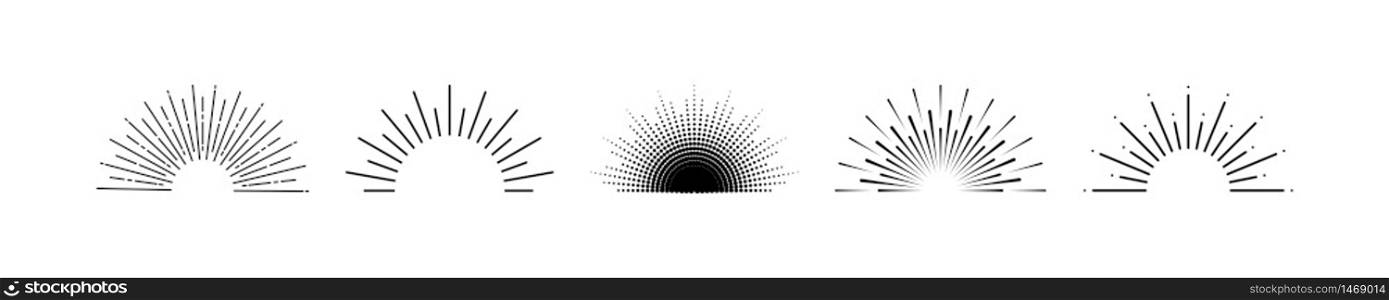 Sunburst and sunrise, line illustration. Sun rays collection. Sunburst. Sunrise. Sunburst or sunrise in flat design. Vector illustration
