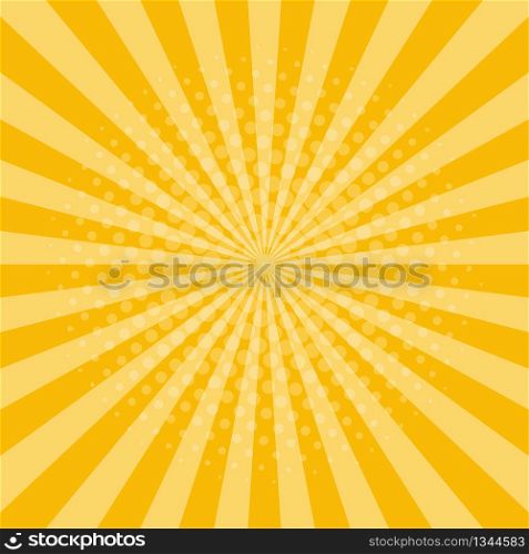 Sunburst background. Yellow rays with halftone effect. Shine sun retro style. Sunset party design. Graphic frame with radial lines. Abstract with sky orange rays. Summer and autumn wallpaper. Vector. Sunburst background. Yellow rays with halftone effect. Shine sun retro style. Sunset party design. Graphic frame with radial lines. Abstract with sky orange rays. Summer and autumn wallpaper. Vector.