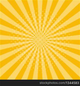 Sunburst background. Yellow rays with halftone effect. Shine sun retro style. Sunset party design. Graphic frame with radial lines. Abstract with sky orange rays. Summer and autumn wallpaper. Vector. Sunburst background. Yellow rays with halftone effect. Shine sun retro style. Sunset party design. Graphic frame with radial lines. Abstract with sky orange rays. Summer and autumn wallpaper. Vector.