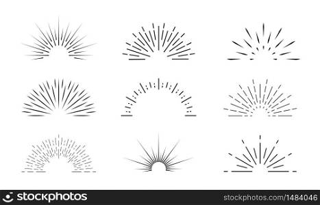 Sunburst icon. Sun burst with lines. Retro logo of half circle with radial rays. Graphic burst of sunshine light. Starburst with sunrise. Vintage elements and sparks for abstract design. Vector.. Sunburst icon. Sun burst with lines. Retro logo of half circle with radial rays. Graphic burst of sunshine light. Starburst with sunrise. Vintage elements and sparks for abstract design. Vector
