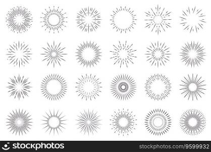 Sunburst isolated graphic elements set in flat design. Bundle of abstract round contour of sun or line firework explosions shapes, geometric light flash symbols for decoration. Vector illustration.