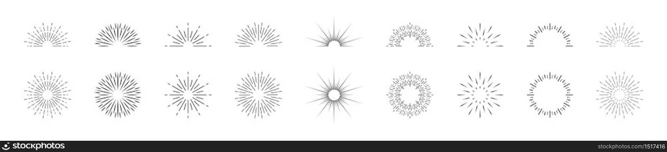 Sunburst lines. Circle, half circle of burst sun. Sparks and rays of stars. Retro elements of sunshine. Icons of sunset or sunrise. Radial vintage wreath for creative frame and abstract badge. Vector.. Sunburst lines. Circle, half circle of burst sun. Sparks and rays of stars. Retro elements of sunshine. Icons of sunset or sunrise. Radial vintage wreath for creative frame and abstract badge. Vector