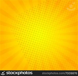 Sunburst on yellow background with dots. Template for your design, concept of hot summer. Radial sun rays.Vector illustration.. Sunburst on yellow background.