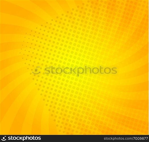 Sunburst on yellow background with dots. Template for your design, concept of hot summer. Spiral sun rays.Vector illustration.. Sunburst on yellow background with dots.