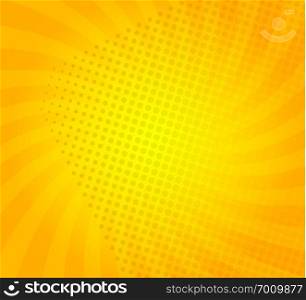 Sunburst on yellow background with dots. Template for your design, concept of hot summer. Spiral sun rays.Vector illustration.. Sunburst on yellow background with dots.