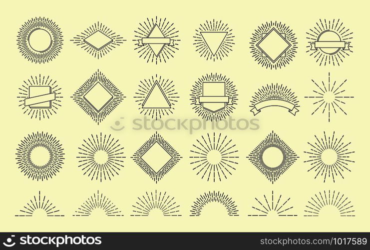 Sunburst set. Vintage burst radial emblem. Sunrise explosion frames. Sunshine, fireworks or sunset sunbeam blast retro hand drawn radial vector hipster graphic isolated icons. Sunburst set. Vintage burst radial emblem. Sunrise explosion frames. Sunshine vector hipster graphic isolated