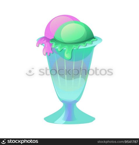 Sundae ice cream balls in a glass cup with blueberry and pistachio. Vector icon isolated on the white background. Perfect design for cafe and restaurant menu, recipe, poster or cooking book