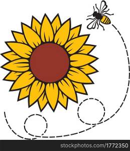 Sunflower and flying Bee color vector