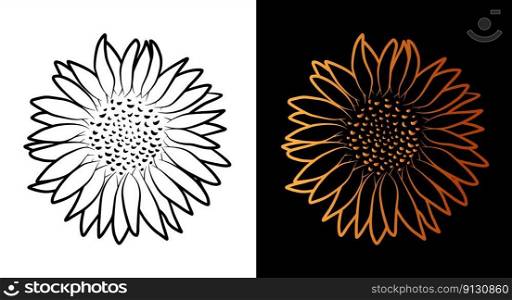 Sunflower flower outline icon, simple doodle sketch line art style, black and gold floral botany set. Beauty elegant logo design. Graphic isolated symbol drawing. Flat shape, wedding tattoo card.