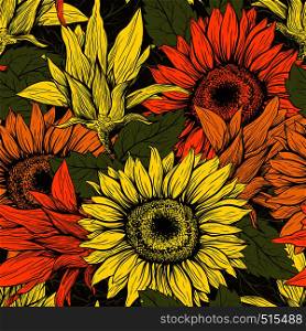 Sunflower hand drawn seamless vector pattern. Floral ink pen color texture. Sketch flowers color illustration. Helianthus vintage freehand drawing. Botanical wrapping paper, textile, background. Sunflower hand drawn seamless ink pen pattern