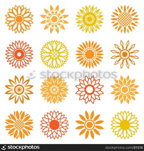 Sunflower icons for logo and labels. Vector sunflower icons isolated leaf isolated on white background. Midsummer plants signs for logo and labels