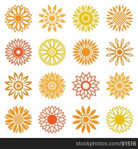 Sunflower icons for logo and labels. Vector sunflower icons isolated leaf isolated on white background. Midsummer plants signs for logo and labels