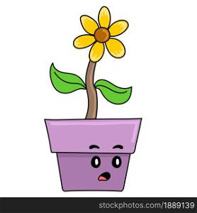 sunflower plants thrive in pots. cartoon illustration sticker emoticon