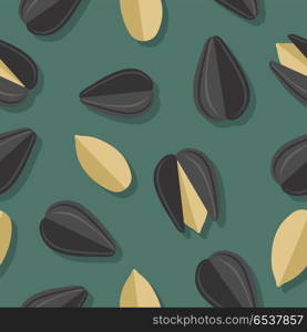 Sunflower Seeds Seamless Pattern. Sunflower seeds seamless pattern. Ripe sunflower seed in flat. Sunflower seeds on a dark green background. Several sunflower seeds. Healthy vegetarian food. Vector illustration