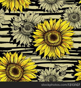 Sunflowers field seamless vector pattern for fabric textile design. Horizontal stripped brush strokes, ready to print. Yellow wildflowers with black artistic abstract lines. Sunflowers field seamless vector pattern for fabric textile design. Horizontal stripped brush strokes, ready to print.