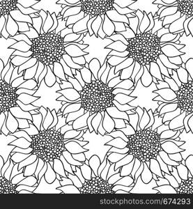 Sunflowers flowers seamless pattern in black and white colors. Monochrome wallpaper. Vector illustration. Sunflowers flowers seamless pattern in black and white colors.