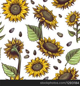 Sunflowers seamless pattern. Beautiful botanical design, floral cute fabric print repeating sunflower artistic blossom abstract decor vector textile texture. Sunflowers seamless pattern. Beautiful botanical design, floral cute fabric print repeating sunflower artistic decor vector textile texture
