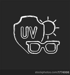 Sunglasses chalk white icon on dark background. Glasses for eye protection from UV rays. Preventing sun exposure and ultraviolet damage during heat. Isolated vector chalkboard illustration on black. Sunglasses chalk white icon on dark background