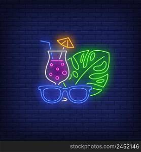 Sunglasses, cocktail and tropical plant leaf neon sign. Tourism, vacation, travel, summer design. Night bright neon sign, colorful billboard, light banner. Vector illustration in neon style.