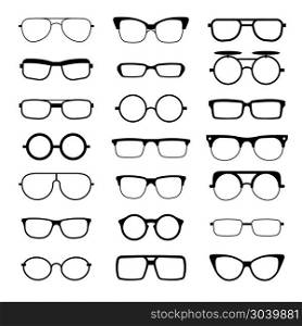 Sunglasses, eyeglasses, geek glasses different model shapes vector silhouettes icons. Sunglasses, eyeglasses, geek glasses different model shapes vector silhouettes icons. Fashion assortment eyewear illustration