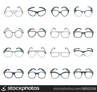 Sunglasses glasses black icons set. Trendy sunglasses frames for vacation season various shapes and sizes black icons set abstract isolated vector illustration