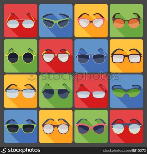 Sunglasses glasses fashion flat icons set . Various trendy frame shapes modern summer sunglasses flat icons set bright colorful abstract isolated vector illustration