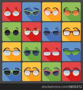 Sunglasses glasses fashion flat icons set . Various trendy frame shapes modern summer sunglasses flat icons set bright colorful abstract isolated vector illustration