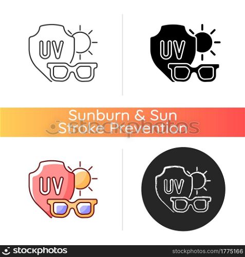Sunglasses icon. Glasses for eye protection from UV rays. Preventing sun exposure and ultraviolet damage during heat. Linear black and RGB color styles. Isolated vector illustrations. Sunglasses icon