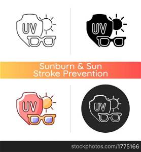 Sunglasses icon. Glasses for eye protection from UV rays. Preventing sun exposure and ultraviolet damage during heat. Linear black and RGB color styles. Isolated vector illustrations. Sunglasses icon