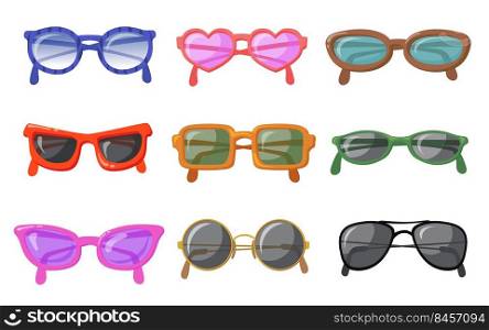 Sunglasses in colorful rim set. Heart shaped, round, aviator, cat eye, retro hipster trendy eyewear isolated on white. Vector illustration for summer, vacation, holiday, fashion concept
