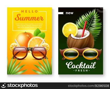 Sunglasses∑mer ban≠rs. Realistic glasses in funny bright frames, troπcal fruits, coconut and oran≥, beach party, fresh cocktails. Poster with©space, 3d isolated e≤ments, utter vector set. Sunglasses∑mer ban≠rs. Realistic glasses in funny bright frames, troπcal fruits, coconut and oran≥, beach party time. Poster with©space, 3d isolated e≤ments, utter vector set